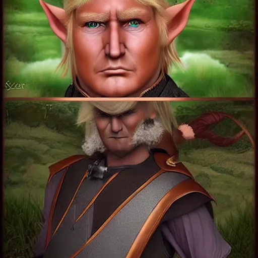 Image similar to a fantasy middle earth elf that looks like donald trump, realistic