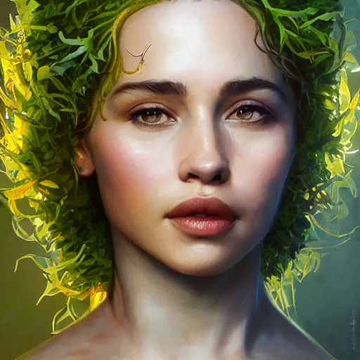 Image similar to emilia clark as a dryad, her skin are yellow leaves portrait, highly detailed, headshot, digital painting, trending on artstation, concept art, sharp focus, illustration, art by artgerm and greg rutkowski and magali villeneuve