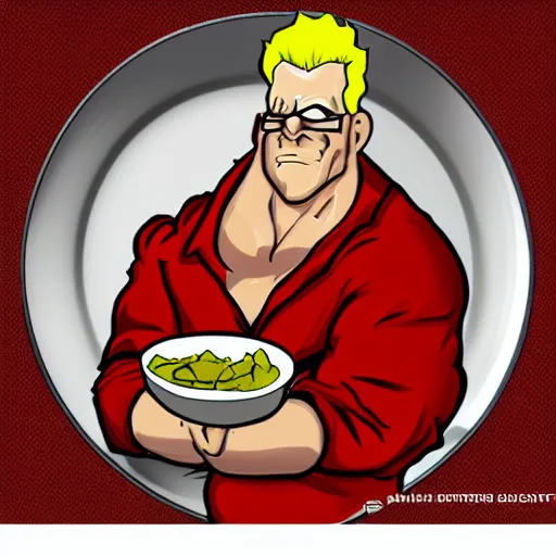 Prompt: Duke Nukem with a plate of mashed potatoes, red shirt, smug look, Duke Nukem art style