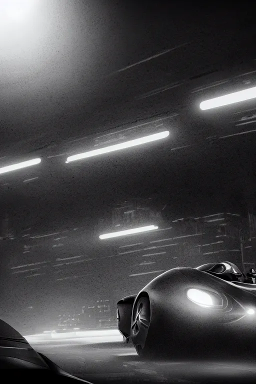 Image similar to the batmobile driving through gotham city at night. fluorescent light. pov from behind the wheel. octane render. 8 k. monochrome. black and white. mist. atmospheric. cinematic. imagined by laurie greasley.