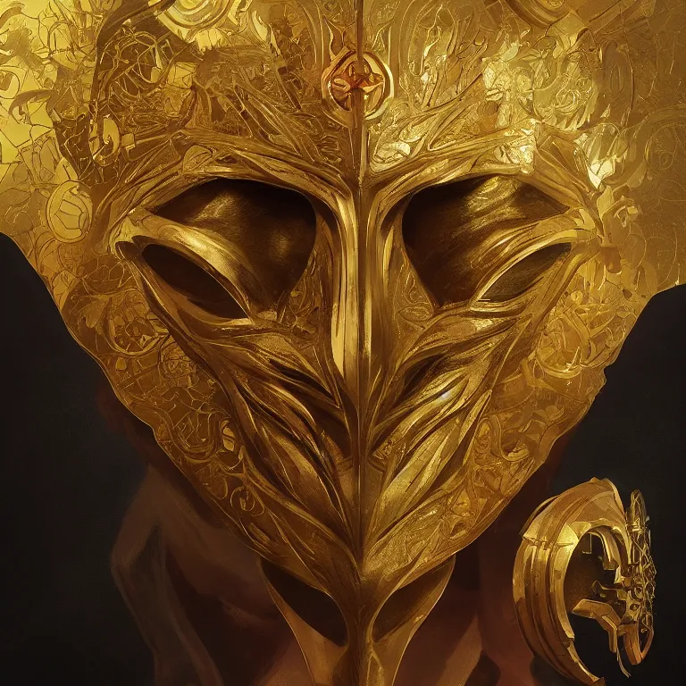 Image similar to golden threefaced mask, D&D, fantasy, highly detailed, digital painting, artstation, smooth, sharp focus, illustration, art by artgerm and greg rutkowski and alphonse mucha