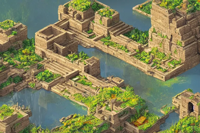 Prompt: ancient city, lake, plants, isometric art, bright, artstation, highly detailed, cinematic lighting + masterpiece
