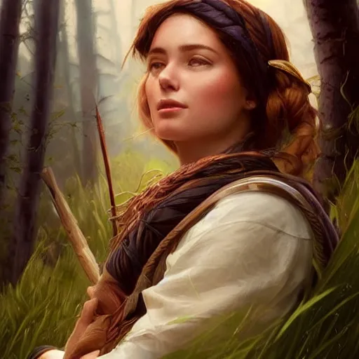 Prompt: epic portrait a scout woman sitting by campfire, beauty, pretty face, glossy skin, glowing, digital painting, artstation, concept art, soft light, hdri, smooth, sharp focus, illustration, fantasy, intricate, elegant, highly detailed, D&D, matte painting, in the style of Greg Rutkowski and Alphonse Mucha and artemisia, 8k, highly detailed, jurgens, rutkowski, bouguereau, pastoral, rustic, georgic
