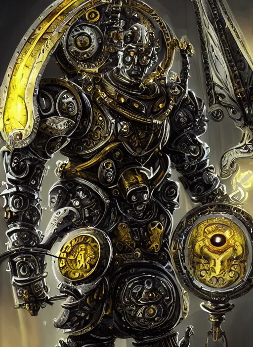 Prompt: full body, attack position abstract portrait of a intricate ornate holy mechanical warforged with circular glowing eye, character in yellow armor holding a legendary paladin engraved great longsword with a metal blade drawn and carrying a huge heavy paladin shield, vertically flat head, face in focus, epic , trending on ArtStation, masterpiece, cinematic lighting, by Ross Tran and by Greg Rutkowski