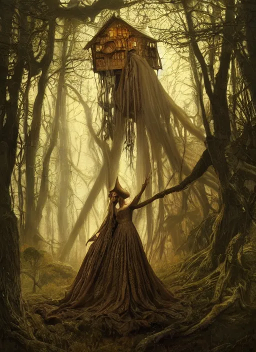 Prompt: highly detailed oil painting | very intricate | cinematic lighting | award - winning | the lonely witch hut in the forest fashion by alexander mcqueen | by roberto ferri, by tom bagshaw, by j. c. leyendecker and klimt, american romanticism, by austin osman spare, artstation, cgsociety, official art, octane