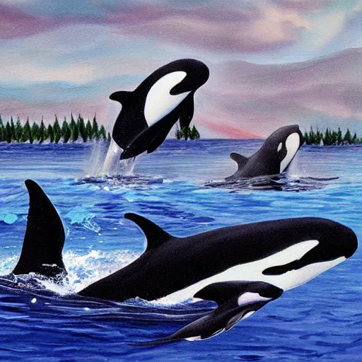 Prompt: a painting of a group of orca's swimming in a lake, a storybook illustration by sarah louisa kilpack, featured on deviantart.