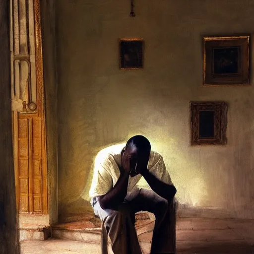 Image similar to a painting of a thinker, thoughtful, focused, visionary, calm, jovial, loving, daddy/fatherly, generous, well fed, elegant elder and his on from Kenya by Henry Ossawa Tanner . dramatic angle, ethereal lights, details, smooth, sharp focus, illustration, realistic, cinematic, artstation, award winning, rgb , unreal engine, octane render, cinematic light, macro, depth of field, blur, red light and clouds from the back, highly detailed epic cinematic concept art CG render made in Maya, Blender and Photoshop, octane render, excellent composition, dynamic dramatic cinematic lighting, aesthetic, very inspirational, arthouse.