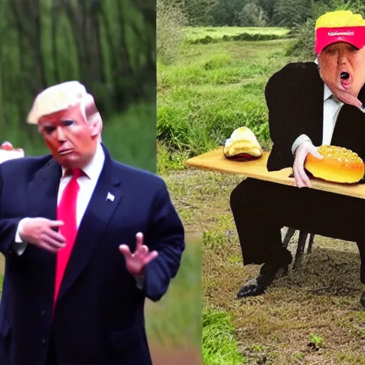 Image similar to trail cam footage of obese Donald Trump eating a burger