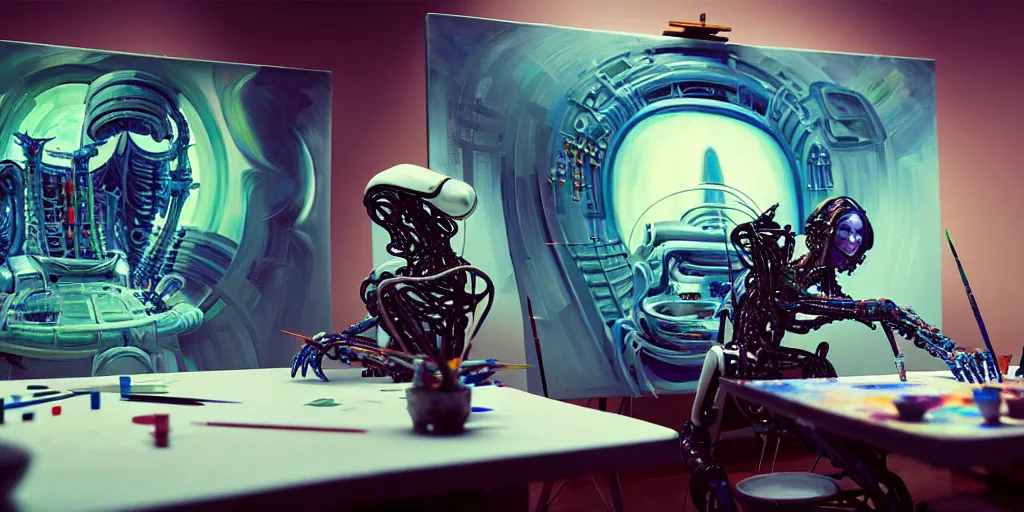 Image similar to photo of futuristic holy futuristic cyborg - robot - painter - artist creating a painting with acrylic paint and brushes in a futuristic artist studio by h. r giger, by, rich deep colors. masterpiece, intricate artwork by tooth wu and wlop and beeple, gaspar noe, james cameron,