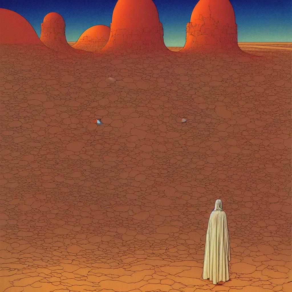 Prompt: centered portrait of illustration, detailed, a person with a cloak walking through the desert market, volumetric, sci fi, space ships in the enviroment, fantasy scheme | coherence | art by jean giraud and moebius