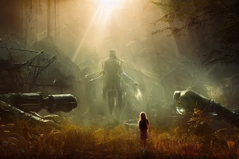 Image similar to the great beyond, sci - fi scene future new york, little girl holding a hand of a big robot, forest punk, crepuscular rays, epic scene, hyper realistic, photo realistic, overgrowth, cinematic atmosphere, ethereal lighting