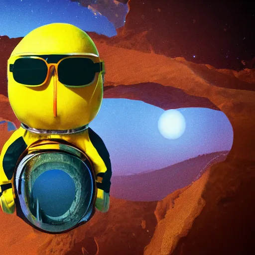Prompt: a lemon wearing a spacesuit and sunglasses in mars, autochrome, atmospheric, 4K, trending on artstation, highly textured