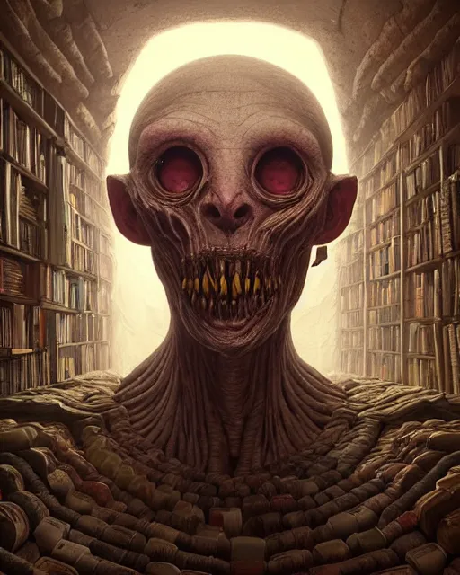 Prompt: highly detailed surreal vfx portrait of a creepy monster in a catacomb of books, stephen bliss, unreal engine, greg rutkowski, loish, rhads, beeple, makoto shinkai and lois van baarle, ilya kuvshinov, rossdraws, tom bagshaw, alphonse mucha, global illumination, detailed and intricate environment