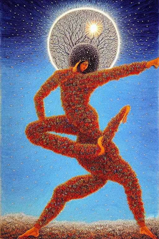 Image similar to ivan marchuk style nataraja dancing in a winter birch grove and raising snow clouds during a solar eclipse, visionary art style