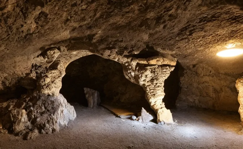 Prompt: cave built into an early medieval village lit by torches, large dinosaur skull, plants