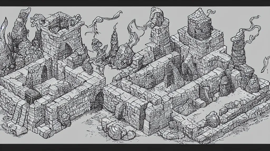 Image similar to Isometric view of a wizard tower surrounded by different kinds of gem mines and ominous caves, lineart, colored