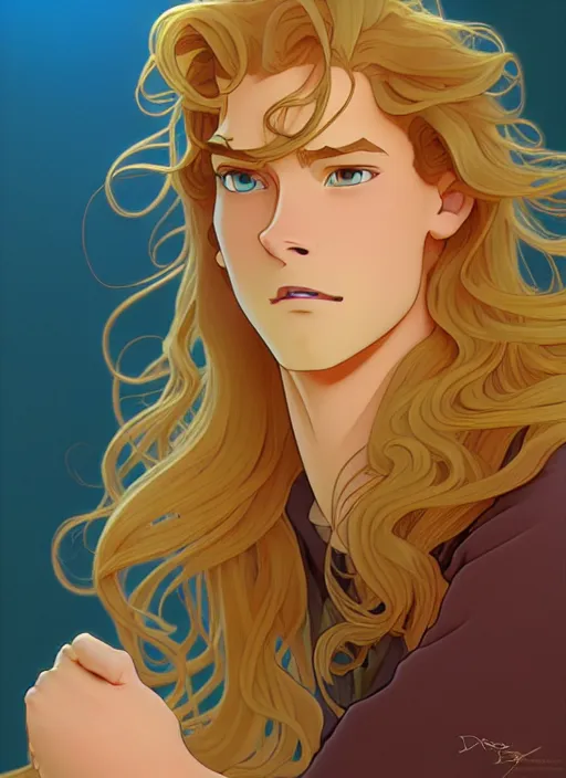 Image similar to young man with long, curly, golden hair, aquamarine eyes, natural lighting, path traced, highly detailed, high quality, cartoon, digital painting, by don bluth and ross tran and studio ghibli and alphonse mucha