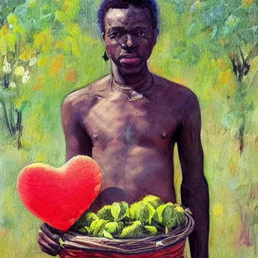 Prompt: a beautiful painting of an african instagram heart farmer. in his arm he has a basket full of hearts. in style of ilya repin, trending on artstation