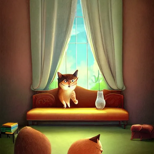 Prompt: cat sitting on sofa, children book illustration by gediminas pranckevicius
