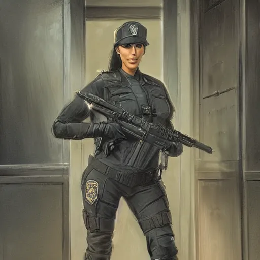 Image similar to kim kardashian as a cop, police uniform, full body view, full pov, haunted house interior, pretty, aesthetic, dust molecules, matte detailed photo, DeviantArt, Artstation, by donato giancola, ralph horley, loish, cinematic lighting