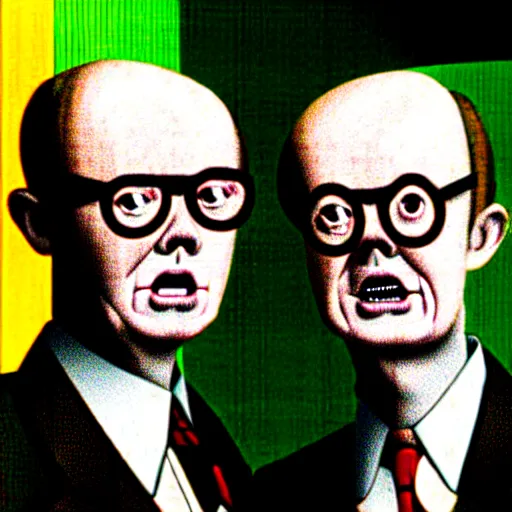 Image similar to image of gilbert and george being possessed by the ghost of alan turing, chromatic aberration, noise, butcher billy style