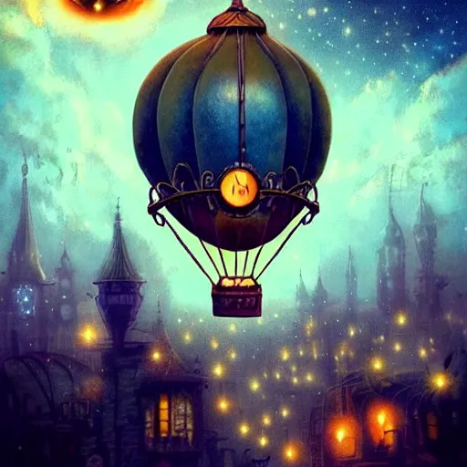 Prompt: a beautiful stunning fantasy whimsical matte digital illustration of a scene of a steampunk hot - air balloon over a lit steampunk!! city at night by marc simonetti, pastel color palette, disney magic the gathering steampunk!!!, chiaroscuro magical! bokeh moon stars dramatic romantic! epic breathtaking, clock tower,, trending on artstation hq, masterpiece