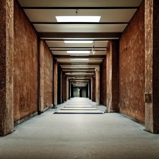 Image similar to noisy color photograph of a liminal space, wide hallways with high ceilings, minimalist, oddly familiar, cinematic, dramatic lighting, soft vintage glow