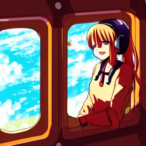 Image similar to an anime girl inside a spaceship looking out a window into space, anime style