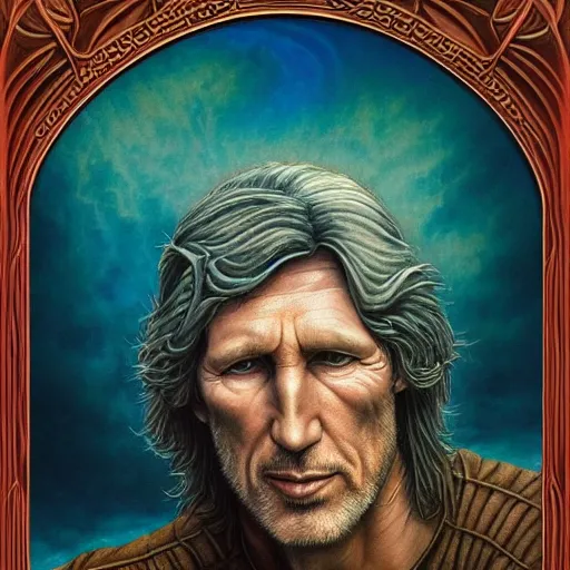 Image similar to A beautiful detailed tarot card of Roger Waters, by  tomasz alen kopera and Justin Gerard, symmetrical features, ominous, magical realism, texture, intricate, ornate, royally decorated, whirling smoke, embers, red adornements, red torn fabric, radiant colors, fantasy, trending on artstation, volumetric lighting, micro details, 3d sculpture, ray tracing, 8k, anaglyph effect