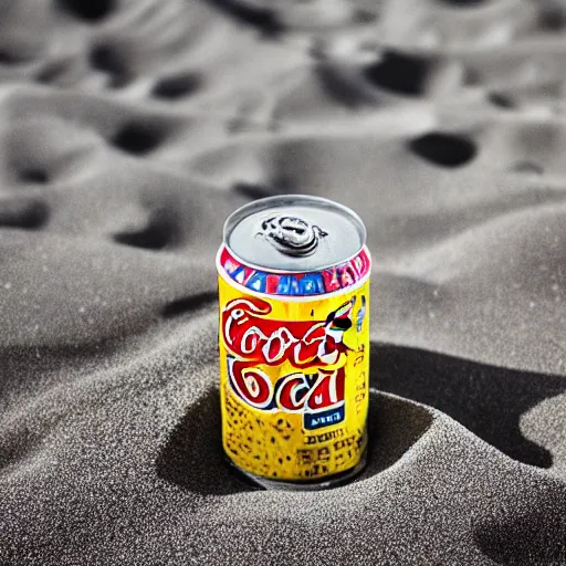 Image similar to can of soda sinking in the sand, photography, 2 4 mm lens, studio lighting,