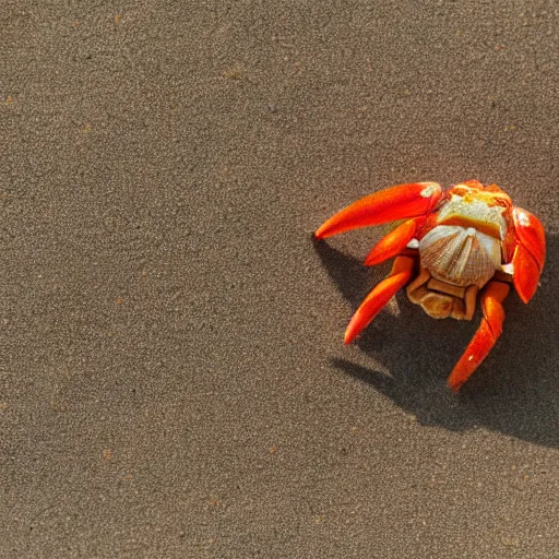 Prompt: Detailed 4k photo of a Hermit crab with a curly mustache on the beach, afternoon