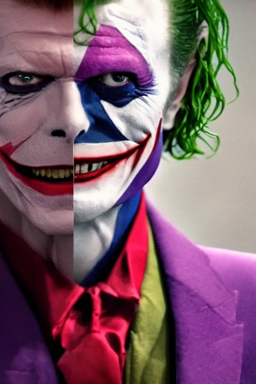 Image similar to A smiling David Bowie as the Joker in Batman, 4k