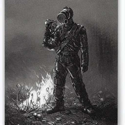 Image similar to Fallout, soldier with a gasmask, dark clouds, fire, burning, dark, eerie, dystopian, city, eldritch, illustration by Gustave Doré