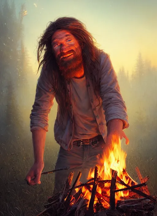 Image similar to highly detailed portrait of long - haired hillbilly around a bonfire, stephen bliss, unreal engine, art by greg rutkowski, loish, rhads, ferdinand knab, makoto shinkai and lois van baarle, artgerm, pixar, ilya kuvshinov, rossdraws, tom bagshaw, global illumination