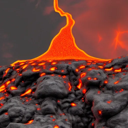 Image similar to a baby magma golem made of rock and lava, photography, dark grey and orange colours, volcano in the background, detailed