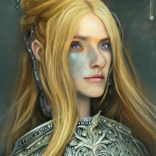 Prompt: portrait of long haired blonde woman, ornate armour, fantasy, painterly, ethereal, trending on art station