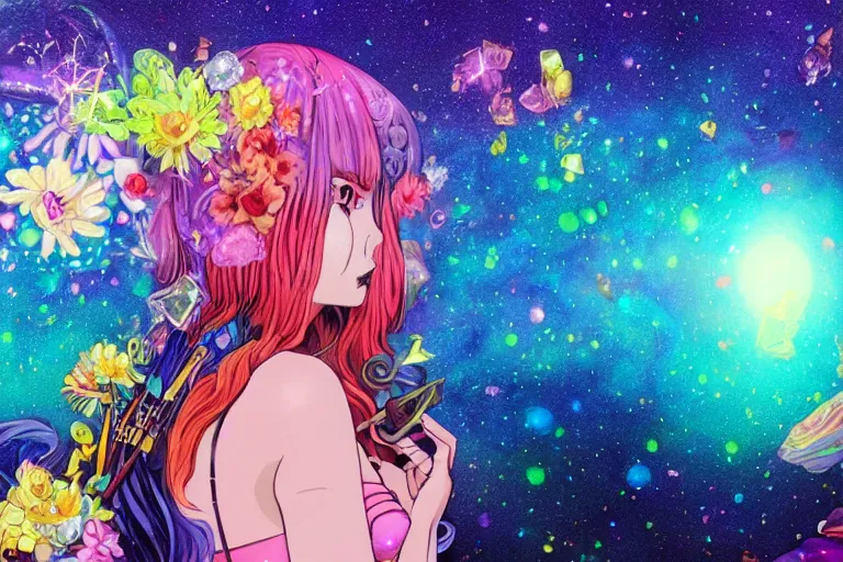 Image similar to psychedelic, whimsical, anime, 4k, beautiful seductive woman with fox ears smoking weed, with professional makeup, long trippy hair, a crystal and flower dress, sitting on a reflective pool, surrounded by gems, underneath the stars, rainbow fireflies, trending on patreon, deviantart, twitter, artstation, volumetric lighting, heavy contrast, art style of Greg Rutkowski and viktoria gavrilenko and Ross Tran