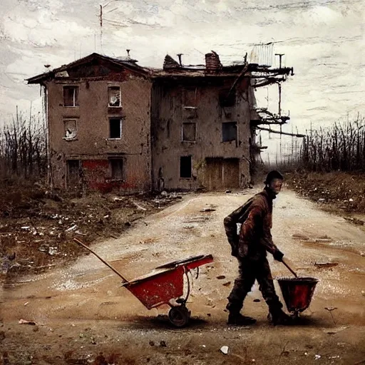 Image similar to painting by jakub rozalski of a person walking with a wheelbarrow in an abandoned post soviet town infested with root monsters