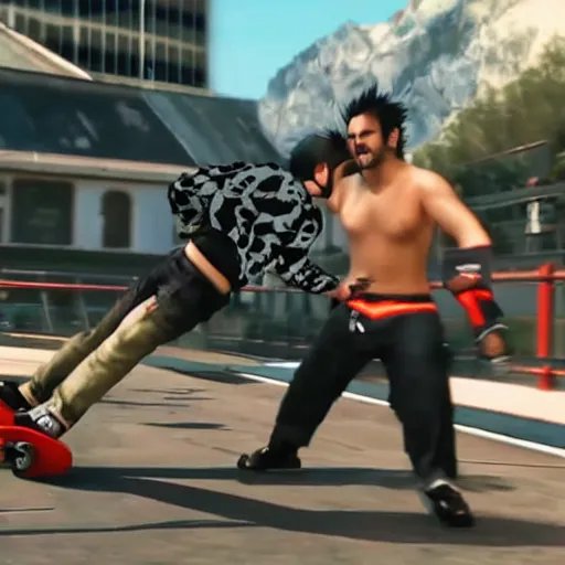 Prompt: Tekken Skateboard Combo Drunk hyperrealistic tekken battle caught on go pro.