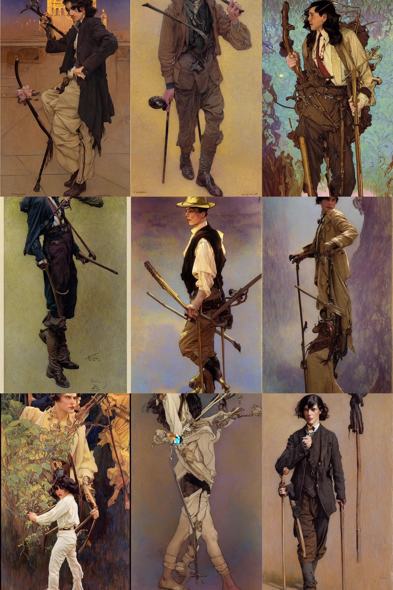 Prompt: young male with walking stick, long dark hair, 1 9 2 0 s fashion, art by joseph leyendecker, donato giancola, dean cornwell, ruan jia, marc simonetti, ayami kojima, cedric peyravernay, alphonse mucha, tom bagshaw, thomas kinkade, victo ngai