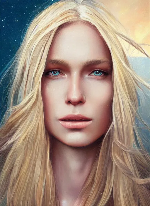 Prompt: a painting of a woman with long blonde hair, a photorealistic painting by magali villeneuve, featured on cgsociety, fantasy art, detailed painting, storybook illustration, photorealistic