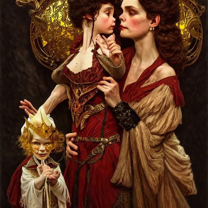 Prompt: the king’s ventriloquist, dramatic lighting, fantasy, intricate, elegant, highly detailed, lifelike, photorealistic, digital painting, artstation, illustration, concept art, smooth, sharp focus, art by John Collier and Albert Aublet and Krenz Cushart and Artem Demura and Alphonse Mucha