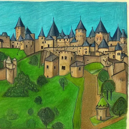 Prompt: Drawing of Carcassonne by Doris Matthäus