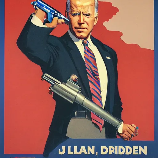 Prompt: propaganda poster of joe biden pointing gun directly at camera in james bond mobie, closeup of gun, visible barrel and grip by j. c. leyendecker, bosch, lisa frank, jon mcnaughton, and beksinski