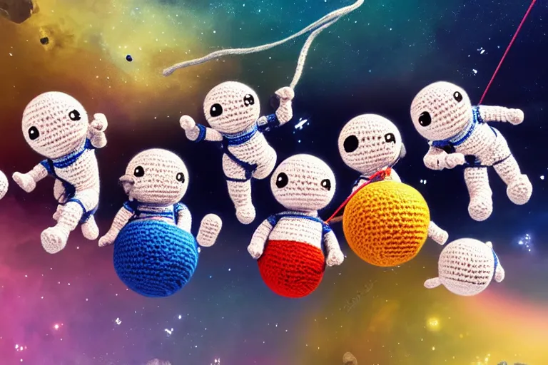 Image similar to a group of three crochet cute astronauts climbing a yarn wall. cute, illustration, digital art, inspired by little big planet, by greg rutkowski, detailed, sharp, masterpiece, highly detailed, photorealistic, octane render, 8 k, unreal engine 5, trending on artstation, vivid colors, cinematic, close up