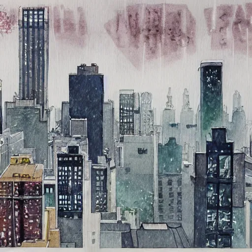 Image similar to modern loft overlooking central park in a blizzard, in watercolor gouache detailed paintings, moebius, blueprint, building, modular