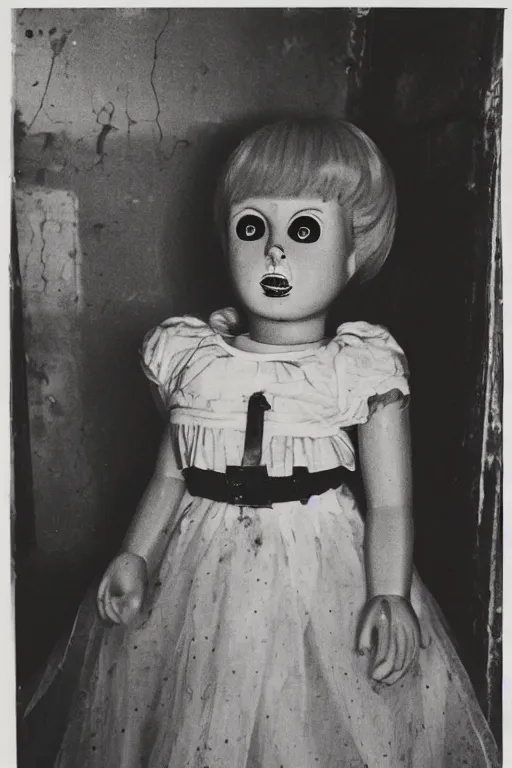Image similar to dirty cracked screaming vintage doll maggots in eyes in darkly lit dusty basement cobwebs diane arbus photo