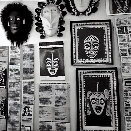 Prompt: A black and white picture of an exhibition that displays African masks, colonial style, newspaper, African Arts, full page, article, newspaper, 60s style