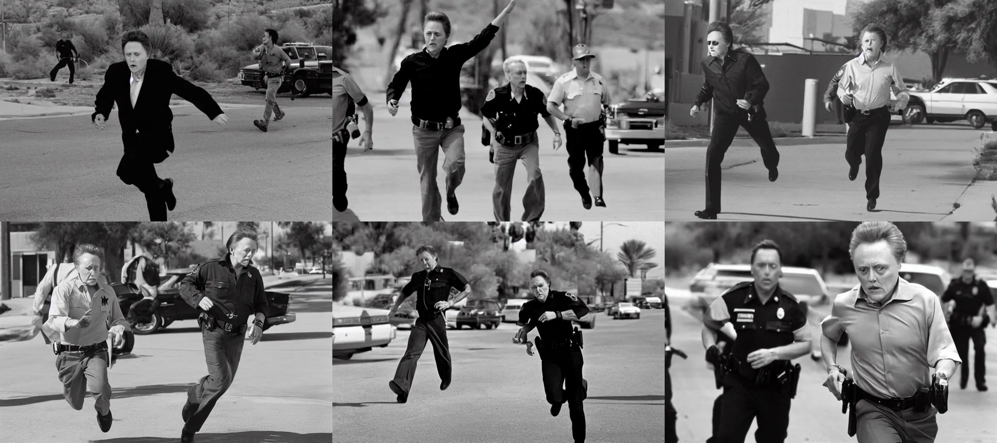 Prompt: christopher walken running from the cops in phoenix arizona, press photo, very detailed, high resolution,