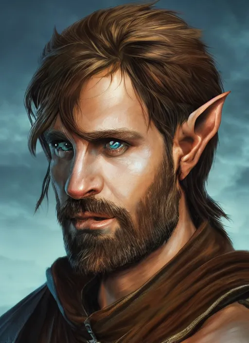 Image similar to A fantasy comic book style portrait painting of an arrogant half elf ranger, shaggy brown hair, scruffy beard, scar on face, blue tunic, unreal 5, DAZ, hyperrealistic, octane render, cosplay, RPG portrait, dynamic lighting